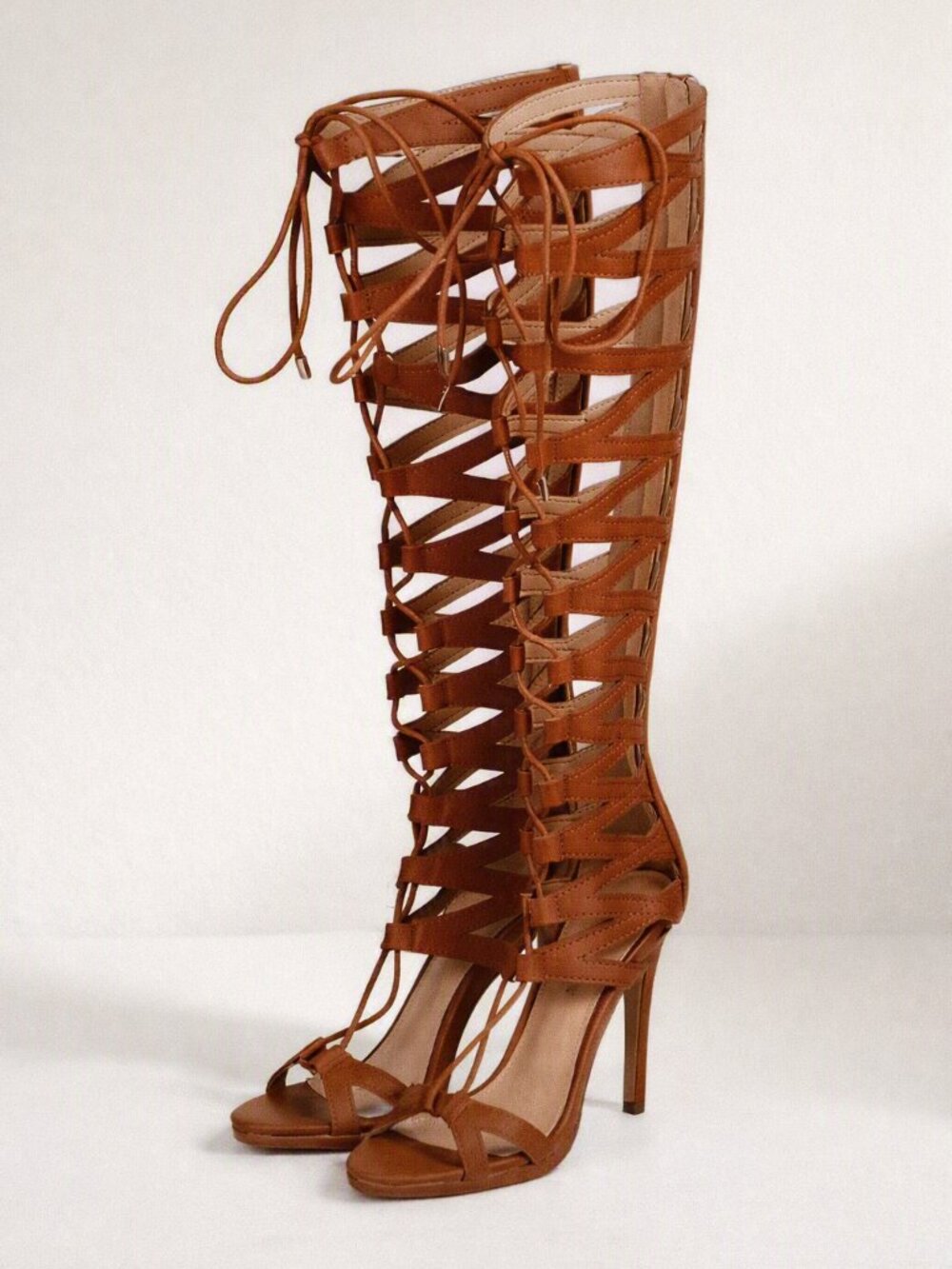 Liliana Tan Brown Lace‑Up Gladiator Heels Knee‑High Strappy Stiletto Sandals